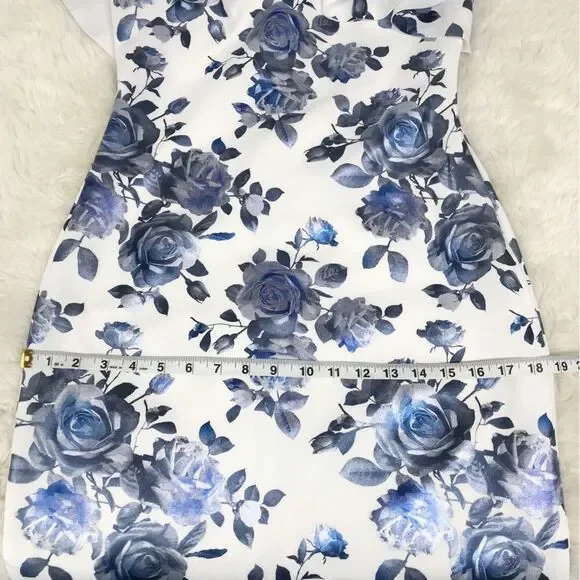 ELIZA J One Shoulder Sheath Dress Size 6 Blue Floral Print Metallic Ruffle New - Picture 12 of 13